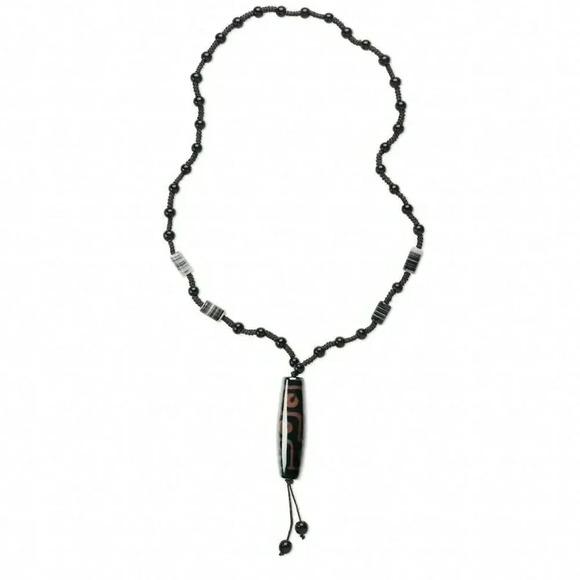 Handcrafted Nepal Tibetan DZi Agate Black Brown & Glass Beads Macrame Necklace - Picture 1 of 2